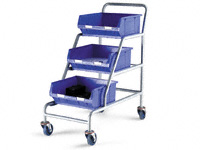 Angled container trolley with 3 red containers